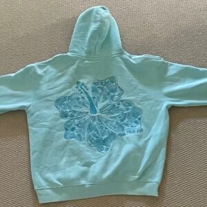 Pink palm puff Hawaii hibiscus hoodie in aquamarine size medium with og dustbag